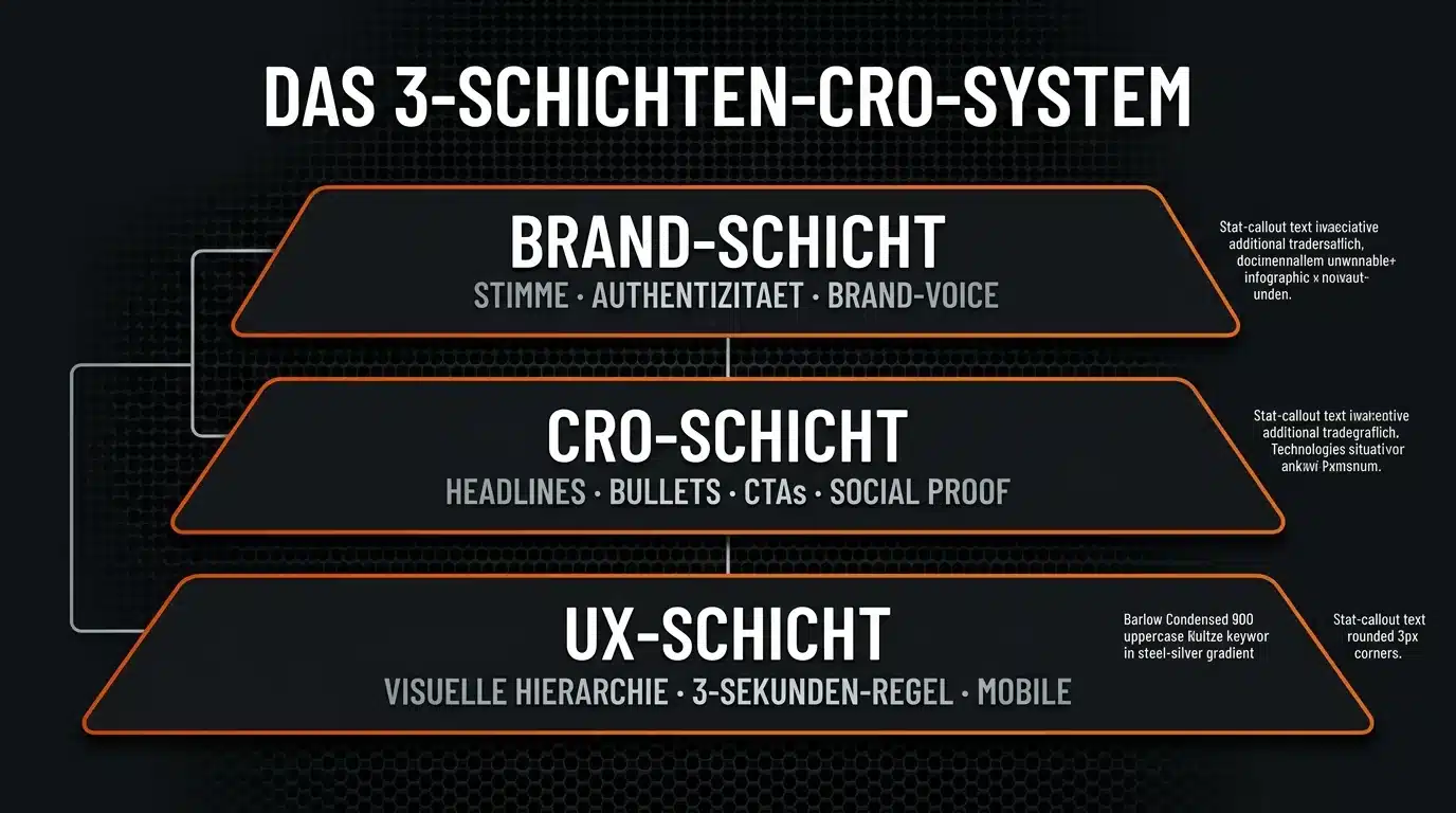 Diagramm des 3-Schichten-CRO-Systems mit UX-Schicht, CRO-Schicht und Brand-Schicht.