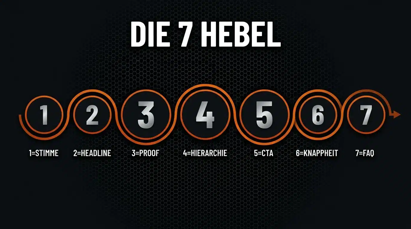 Roadmap der 7 Hebel der Conversion Rate Optimierung als Drei-Akt-Story-Bogen.