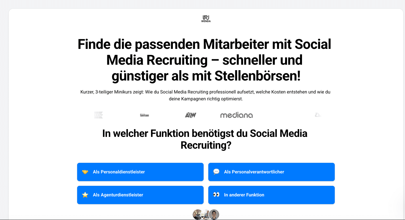 Original-Onepage wenda-marketing.onepage.me mit Social Recruiting Positionierung