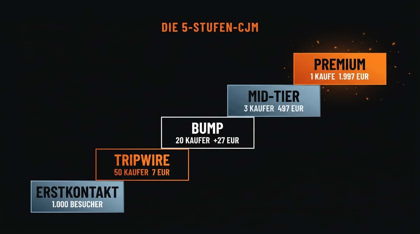 Die 5 Stationen der Customer Journey für Online-Kursanbieter. Erstkontakt Tripwire Bump Mid-Tier Premium mit Conversion-Zahlen