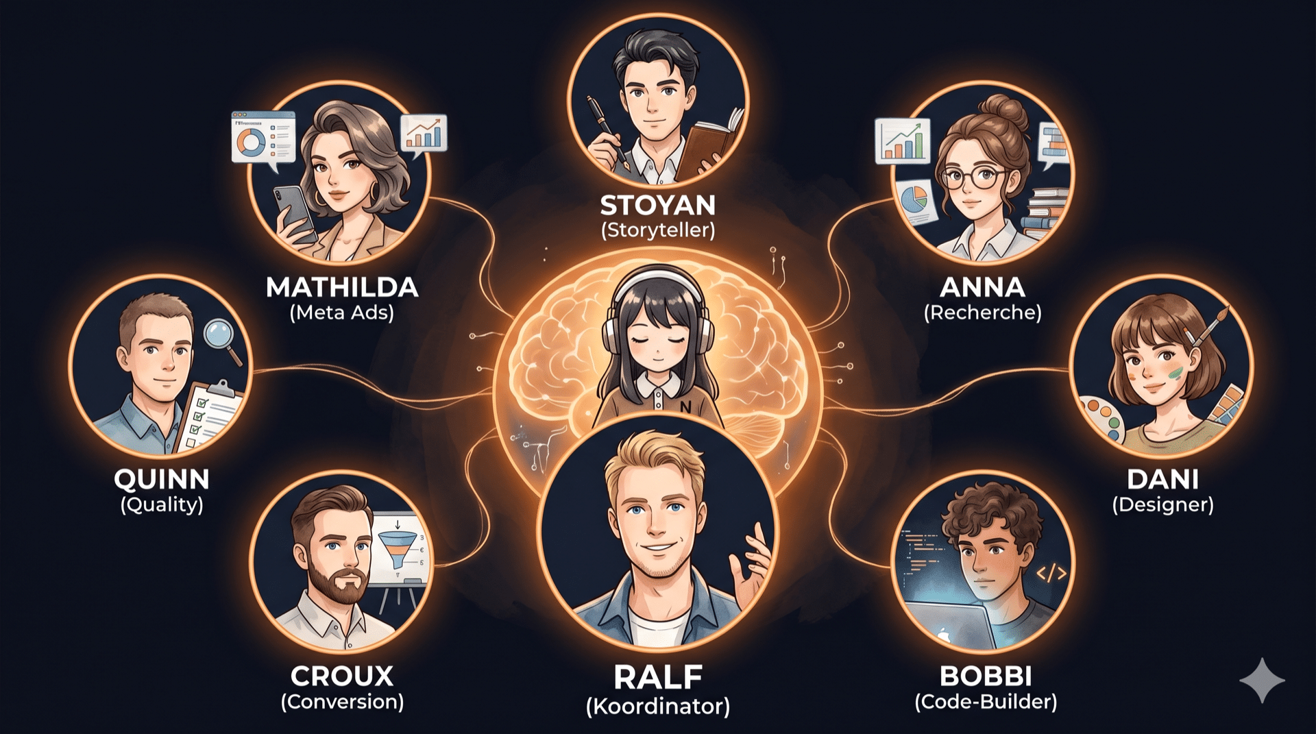 KI-Mitarbeiter Crew für Online-Business: Ralf Wenda mit seinen sieben digitalen Marketing-Spezialisten