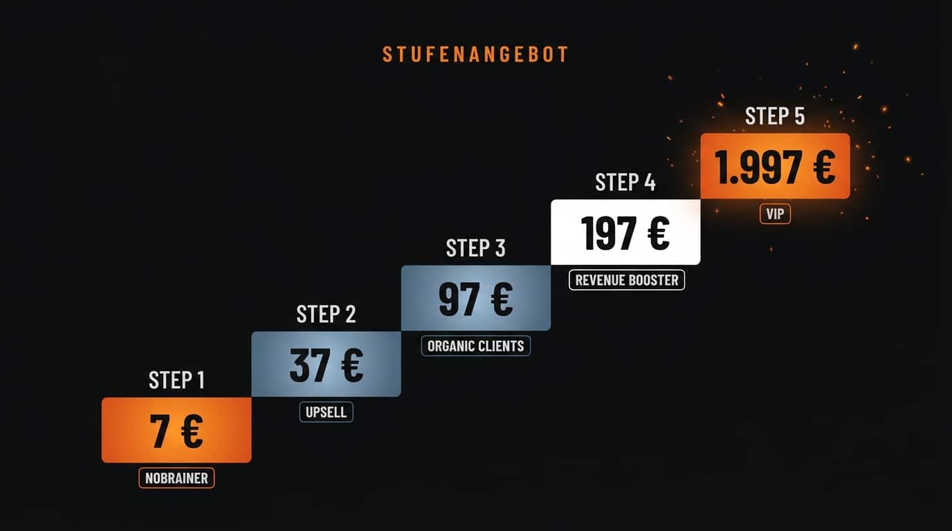 Stufenangebot von 7 Euro NoBrainer bis 1.997 Euro ESS-VIP. Die Funnel-Treppe von Ralf Wenda