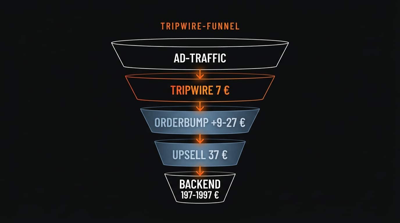 Tripwire-Funnel-Architektur. 7-Euro-Eingangsangebot als Käufer-Filter mit Backend-Stufenangebot