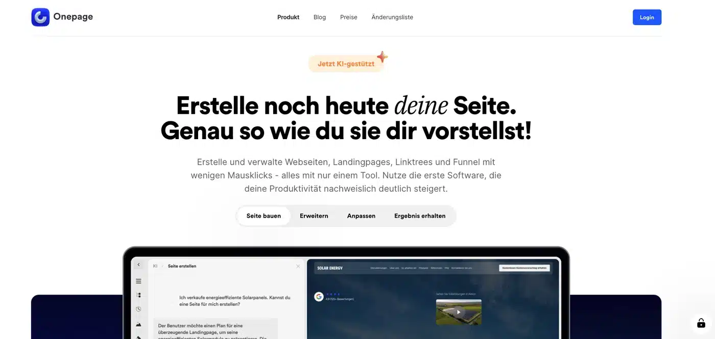 Onepage als Funnel Builder Software mit KI-Unterstützung für Websites, Landingpages und Funnel