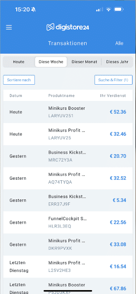 Digistore24-App mit den Transaktionen einer Woche