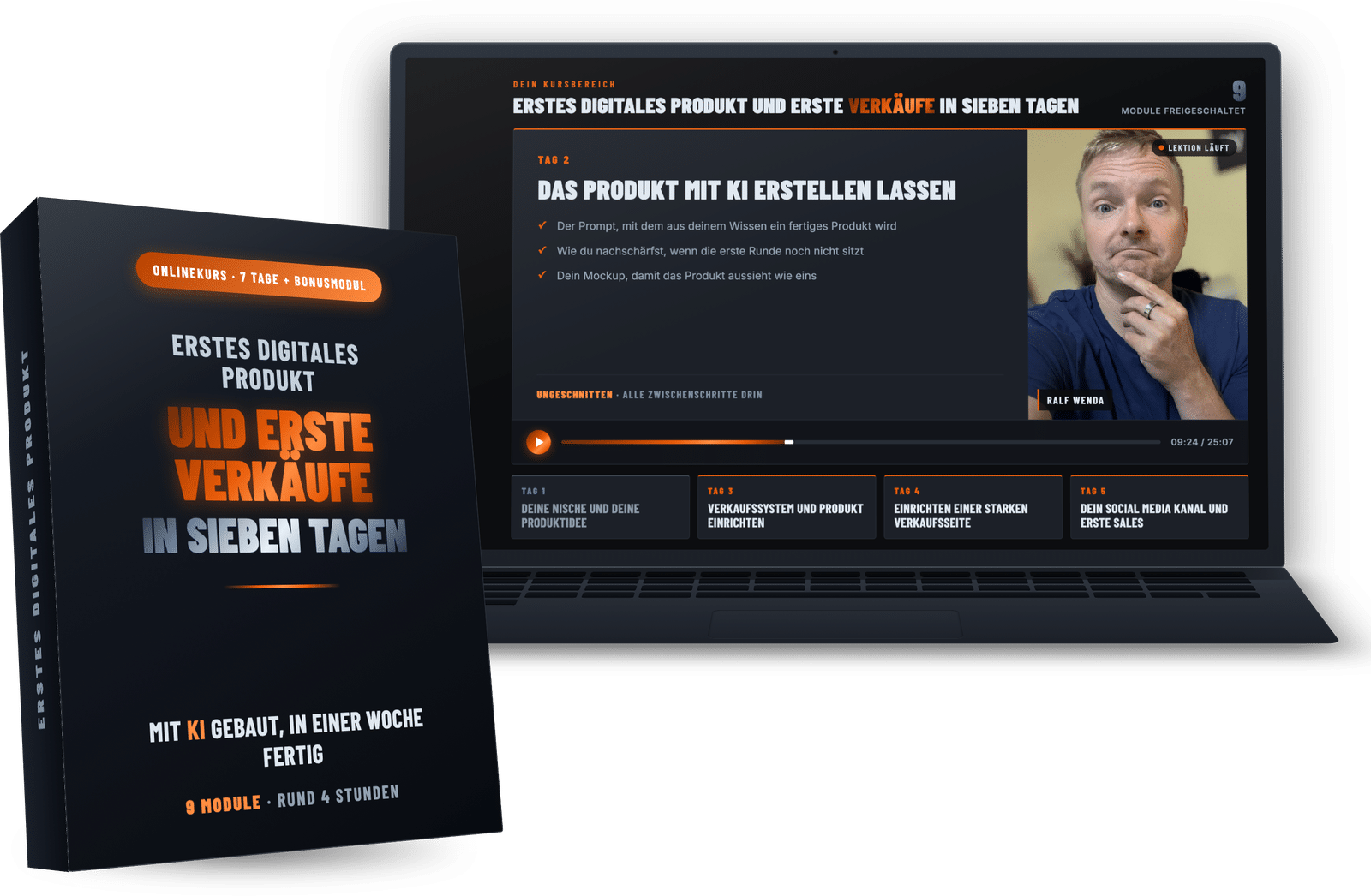 Das Kurspaket mit allen neun Modulen, im Laptop eine Lektion mit Ralf Wenda