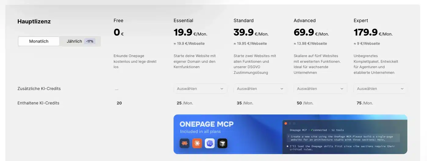 Preise der Funnel Builder Tools von Onepage von der kostenfreien Variante bis zum Expert-Paket