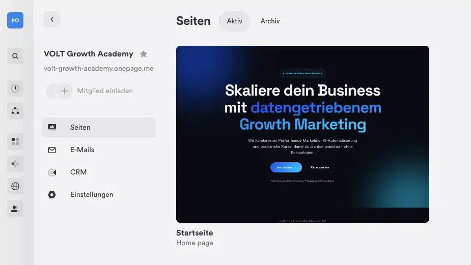Fertige Seite im Dashboard der Funnel Software Onepage, gebaut über die MCP-Anbindung