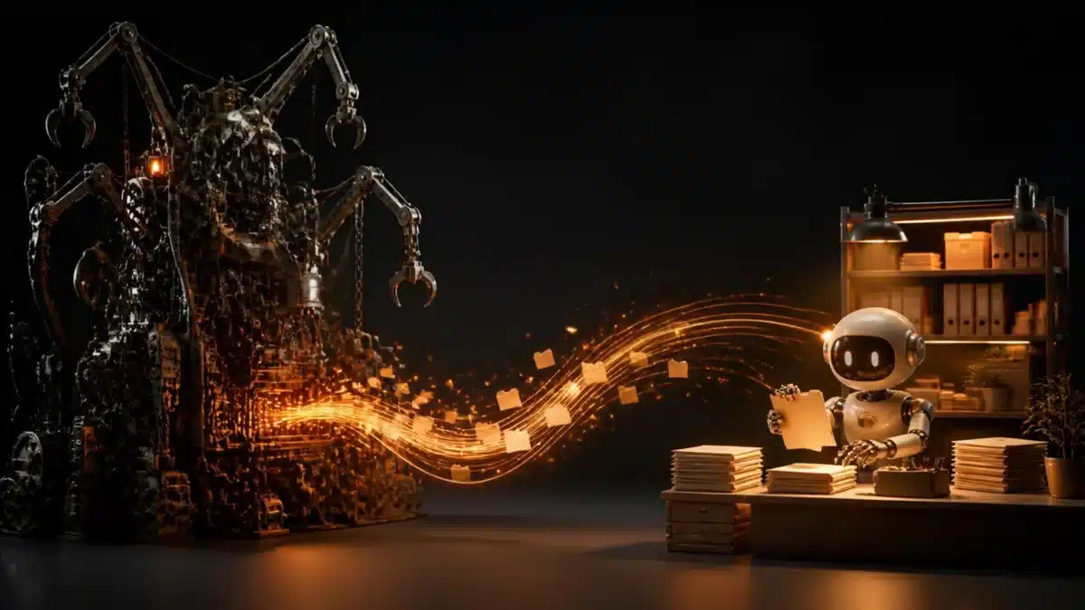 OpenClaw Alternative, ein verworrener Greifarm-Automat links und ein aufgeräumter KI-Arbeitsplatz rechts